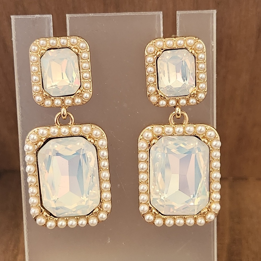 Gold Faux Pearl Iridescent Crystal Rectangle Drop Earrings Wedding Formal Glam